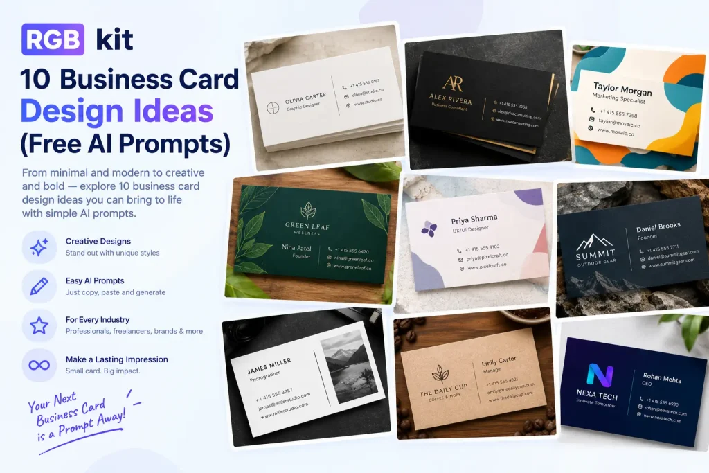 RGBKit infographic showing 10 business card design ideas generated with free AI prompts, featuring minimalist, luxury, creative, botanical, photography, and technology styles.