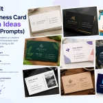 RGBKit infographic showing 10 business card design ideas generated with free AI prompts, featuring minimalist, luxury, creative, botanical, photography, and technology styles.