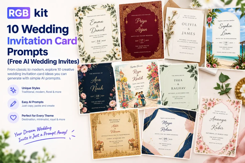 RGBKit banner featuring 10 wedding invitation card designs created with free AI prompts, including floral, traditional, royal, minimalist, and destination wedding styles.