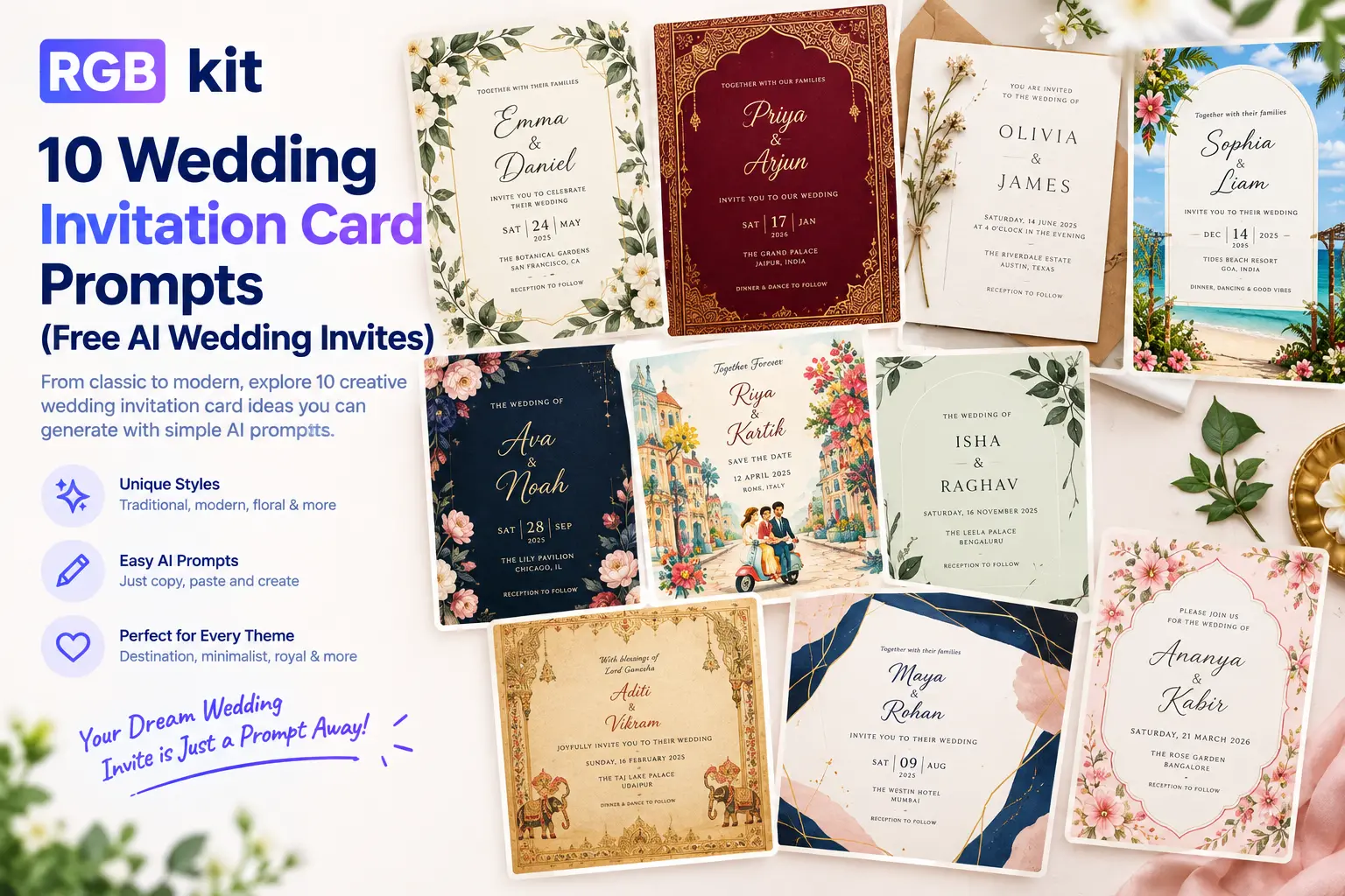 RGBKit banner featuring 10 wedding invitation card designs created with free AI prompts, including floral, traditional, royal, minimalist, and destination wedding styles.