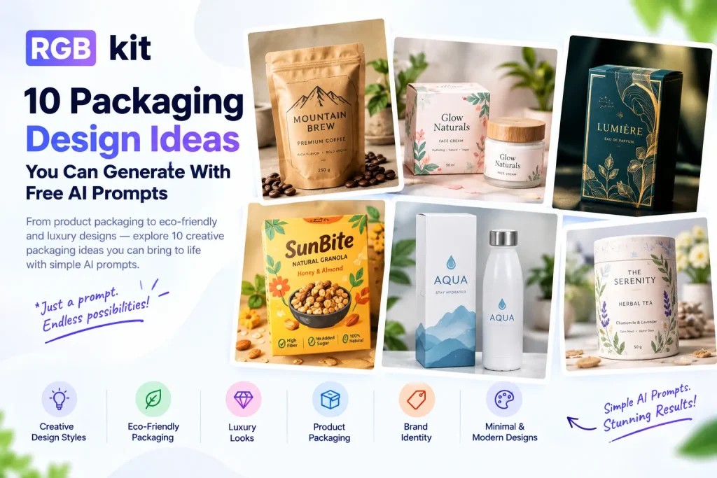 RGBKit infographic showing 10 packaging design ideas that can be generated with free AI prompts, including coffee, skincare, perfume, granola, water bottle, and herbal tea packaging.