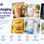 RGBKit infographic showing 10 packaging design ideas that can be generated with free AI prompts, including coffee, skincare, perfume, granola, water bottle, and herbal tea packaging.