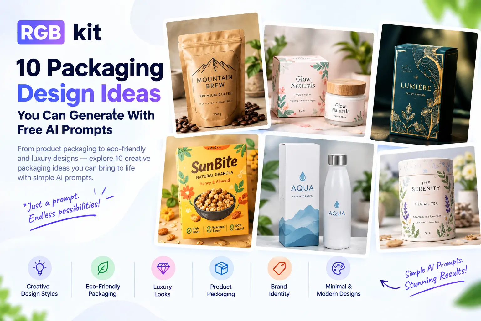 RGBKit infographic showing 10 packaging design ideas that can be generated with free AI prompts, including coffee, skincare, perfume, granola, water bottle, and herbal tea packaging.