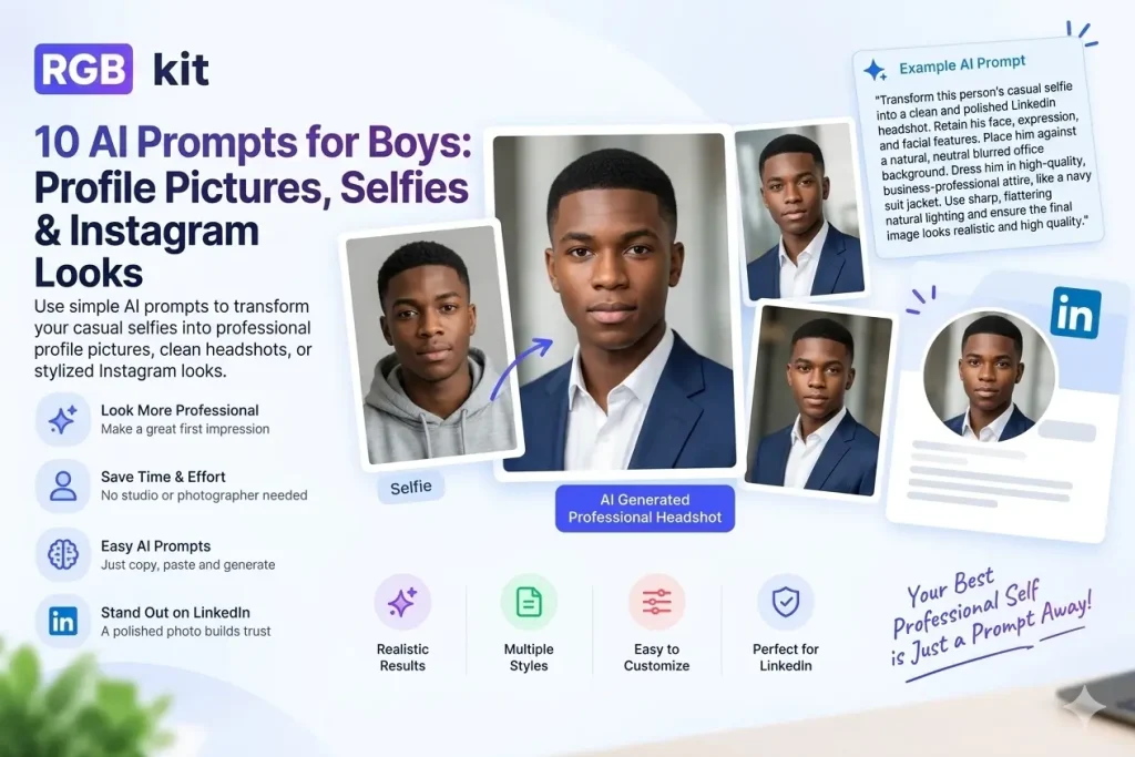 An infographic template showing an AI tool transforming a casual selfie of a young man in a hoodie into a professional business headshot.